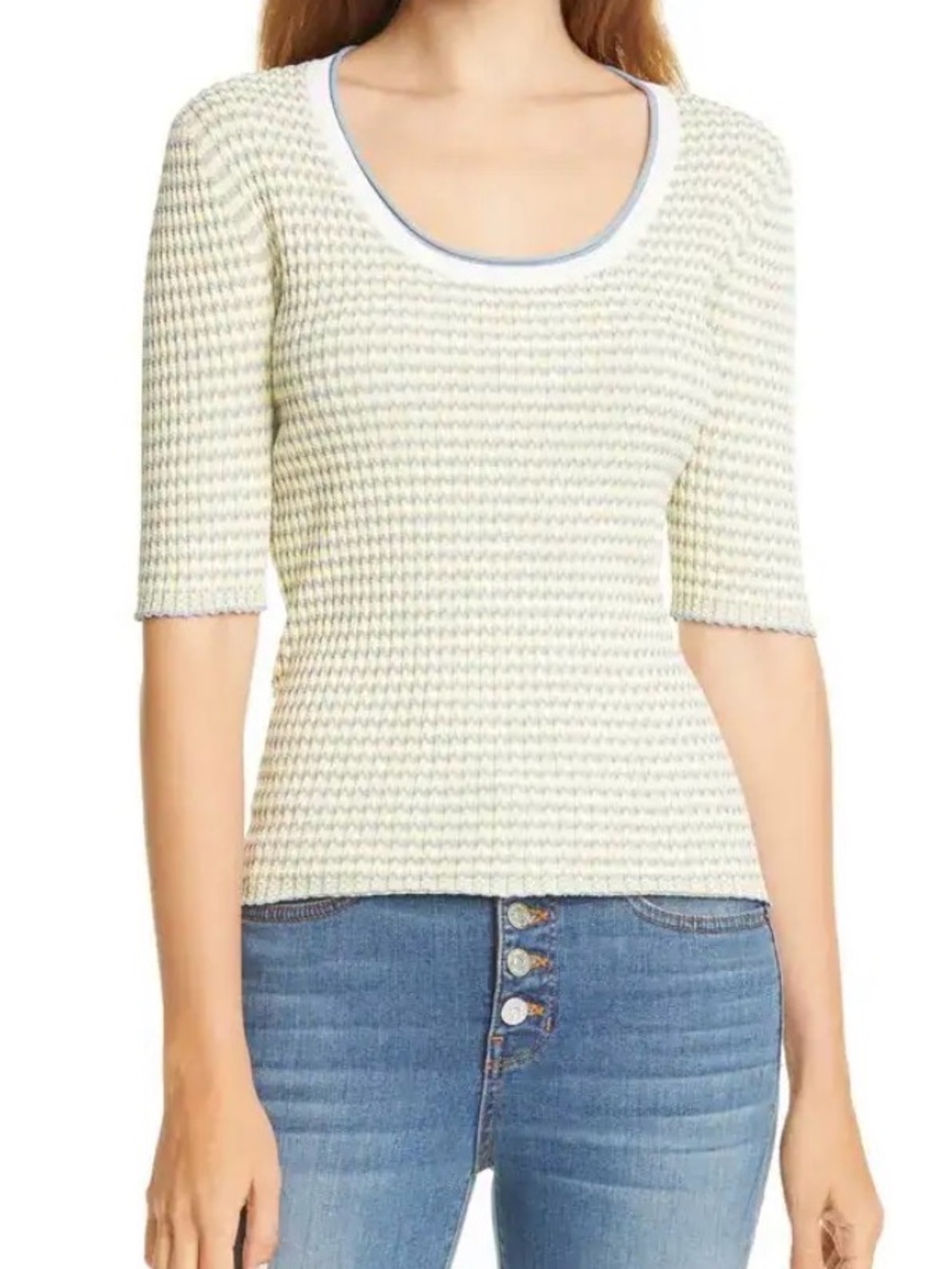 Veronica Beard Pale Yellow and Light Blue Striped Scoop Neck Sweater